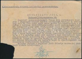 1944 A magyar királyi csendőrség központi közlekedési parancsnokságának szolgálati jegye Temes Emil (1887-?) postaműszaki tanácsos, későbbi postafőmérnök feleségének származási okmányaival kapcsolatban, a balatonakarattyai őrsparancsnokságnak címezve, 2 p.
