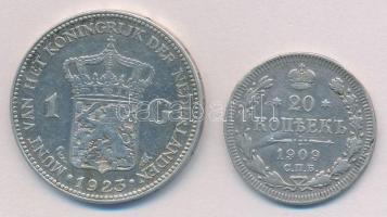 Hollandia 1923. 1G Ag "I. Vilma" + Orosz Birodalom 1909. 20k Ag "II. Miklós" T:2...