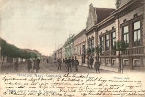 1902 Nagykároly, Carei; Kolescy utca, M. kir. posta. Csókás László kiadása / street view with post office (fa)