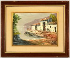 Olvashatatlan jelzéssel: Mediterrán háza parton. Olaj, farost, keretben, 30×40 cm