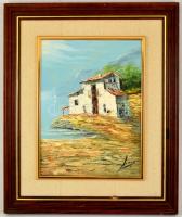 Olvashatatlan jelzéssel: Mediterrán háza parton. Olaj, farost, keretben, 40×30 cm