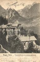 1900 Tátra, Magas Tátra, Vysoké Tatry; Tarpatakfüred szálloda és a Lomnici csúcs / Lomnicky stít / hotel, villa, mountain peaks (fa)
