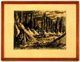 Bencze László (1907-1992): Telep. Rézkarc, papír, jelzett, üvegezett,  22,5×33,5 cm