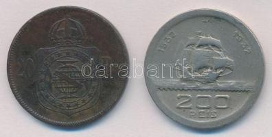 Brazília 1869. 20R Br "II. Pedro" + 1932. 200R Cu-Ni "A gyarmatosítás 400. évfordulój...