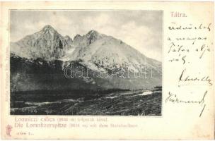 1904 Tátra, Magas Tátra, Vysoké Tatry; Die Lomnitzerspitze mit dem Steinbachsee / Lomnici csúcs, Kőpataki tó. Kiadja Feitzinger Ede 498. L. / Lomnicky stít, Skalnaté pleso / lake, mountain peak (EK)