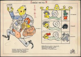 Berecz jelzéssel: 8 db humoros rajz, vegyes technika, papír, 30×21 cm