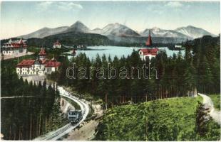 Tátra, Magas Tátra, Vysoké Tatry; Fogaskerekű vasút a Csorba-tóval / Csorbersee mit der Zahnradbahn / Strbské pleso s ozubenou dráhou / cogwheel railway, lake (fa)