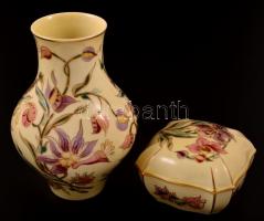 Zsolnay porcelán virágmintás váza és dobozka, kézzel festett, jelzett, hibátlan, m: 18 cm, 10×10×6 cm