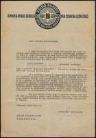 1948 a Zsidó Egység -- a Demokratikus Hitközségi Párt és a Magyar Cionista Szövetség közös választási blokkjának levele választási munkálatokban való részvételről, aláírt, fejléces papíron