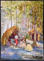 Iványi jelzéssel: Család az erdei kunyhónál. Akvarell, papír, foltos, szakadással, 44×32 cm