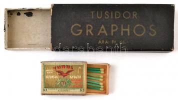 cca 1930 Turul impregnált biztonsági gyújtó - régi gyufásdoboz, 7 db gyufával, valamint egy Tusidor Graphos doboz.