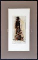 Barczi Pál (1933-2003): Család, színes rézkarc, papír, jelzett, paszpartuban, 25×13 cm