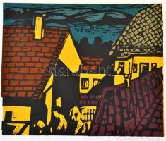 Olvashatatlan jelzéssel: Háztetők (Budaházi Lajosnak emlékül), színes linó, papír, 24,5×30 cm