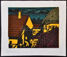 Olvashatatlan jelzéssel: Háztetők (Budaházi Lajosnak emlékül), színes linó, papír, 24,5×30 cm