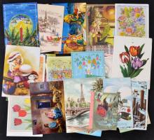 Egy cipősdoboznyi vegyes papírrégiség tétel, nyomtatványok, képeslapok, üdvözlőlapok, közte modernek...