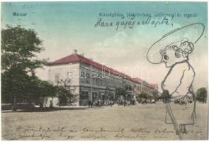 1918 Monor, Községháza, járásbíróság, adóhivatal, vigadó. A levélíró Márika rajza saját magáról