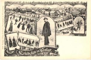 Wörishofen im Winter, Ski-Läufer, Dr. Baumgarten. Verlag Fritz Gerbmer / Art Nouveau winter montage postcard with skiing and ice-skating people