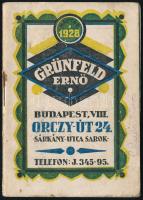 1928 Grünfeld Ernő naptára 1928. Benne korabeli reklámokkal, ceruzás bejegyzésekkel. Bp., Községi Nyomda Rt., 16 sztl. lev.