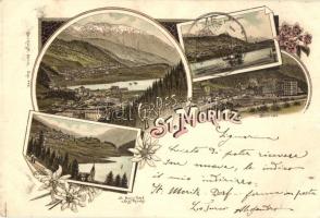 1897 (Vorläufer!) St. Moritz, Kirche, See / church, lake. Carl Künzli floral, litho