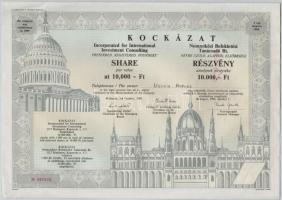 Budapest 1990. "Kockázat - Nemzetközi Befektetési Tanácsadó Rt." névre szóló, alapítói, elsőbbségi részvénye 10.000Ft-ról, kitöltve, szelvényekkel + 1990. "Danube Budapest" névre szóló, alapítói, általános részvénye 10.000Ft-ról, kitöltetlen, szelvényekkel T:I-,II