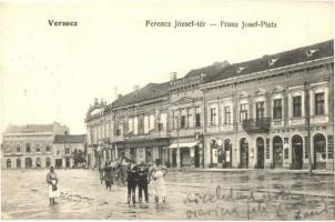 1905 Versec, Vrsac; Ferenc József tér, Josef Unger, Schicker Julius, Szedlárov, Schwartz S., Brüder Hoffmann üzlete, Luceaferul / square with shops