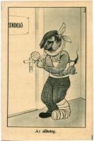 Az álbeteg. Humoros művészlap. Képzőművészeti Alap / Humorous art postcard s: Sándor Károly