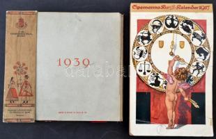 1917-1939 2 db régi naptár, kalendárium.  1917 Spemanns Kunst-Kalender 1917. Német nyelven. A hátsó karton sérült, hiányos, az elülső borító és az utolsó lap szakadt.  1939 M. Kir. Külkereskedelmi Hivatal 1939 naptár., színes illusztrációkkal. Szerk.: Boross Sándor. A felvételeket készítette: Balogh Rudolf, Belvárosi Fotóműhely, Boross Sándor, Pallas Irodalmi és Nyomdai Rt. A fedőlapot és a hónapok jeleit Konecsni György rajzolta. Bp., Pallas-ny. Karton tartóban, a karton tartó hátán és elöl a szélén nemzeti kiscímerrel.