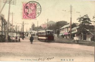1910 Tokyo, View of Kudan, tram, rickshaw, shops. TCV card + SMS K. Elisabeth, Jokohama