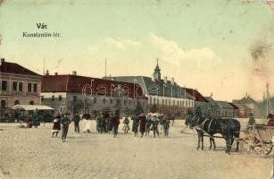 1910 Vác, Konstantin tér, Emke kávéház, piaci árusok, lovasszekér, Deutsch Mór üzlete. Kiadja B. M. és Tsa. (ázott sarkak / wet corners)