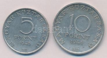 1948. 5Ft Ag "Petőfi" + 1948. 10Ft Ag "Széchenyi" T:2 patina