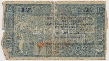 Szerb-Horvát-Szlovén Királyság 1919. 10D 40K felülbélyegzéssel T:III-,IV Kingdom of the Serbs, Croats and Slovenes 1919. 10 Dinara with 40 Kronen overprint C:F,VG Krause 17