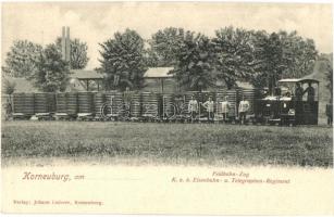 Korneuburg, Cs. és kir. vasúti és távirati ezred tábori faszállító vasúttal / Feldbahn-Zug, K.u.K. Eisenbahn- und Telegrafenregiement Korneuburg / Austro-Hungarian Railway and Telegraphy Regiment, field railway, train transporting timber