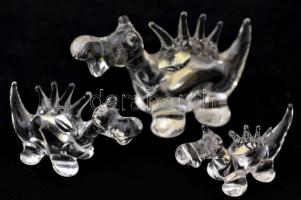 3 db kisméretű üveg sárkány, apró kopásokkal, különböző méretben