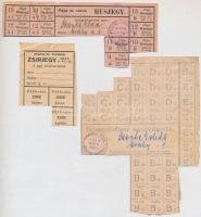 Pápa 1945. Közellátási jegy, Húsjegy (2xklf), Szappanjegy, Zsírjegy nagyrészt vágott ívdarabok illet...