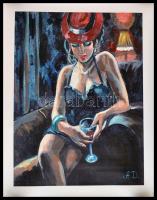 Lány vörös kalapban, textilnyomat, 46×36 cm