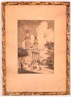 Bajor Ágost (1892-1958): Az ungvári püspöki templom. Rézkarc, papír, jelzett, üvegezett keretben, 30...