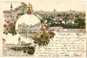 1896 (Vorläufer!!!) Sopron, Oedenburg; Várostorony, látkép, Színház, Széchenyi tér. Art Nouveau, floral, litho