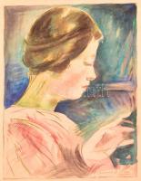 Olvashatatlan jelzéssel: Női fej. Akvarell-tus, papír, üvegezett keretben, 36×25 cm