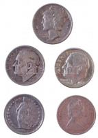 Vegyes 5db-os külföldi ezüstpénz tétel, közte Amerikai Egyesült Államok 1941. 1d Ag Mercury; Svájc 1960. 1/2Fr Ag T:2,2- 5pcs of various silver coins, including USA 1941. 1 Dime Ag Mercury; Switzerland 1960. 1/2 Franc Ag C:XF,VF
