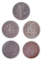 Vegyes 5db-os külföldi ezüstpénz tétel, közte Amerikai Egyesült Államok 1941. 1d Ag "Mercury&qu...