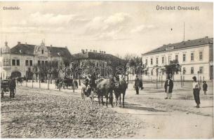 1913 Orsova, Skella tér, Scheinberger Mór áruháza, lovaskocsik, M kir. erdőhivatal / square, shop, horse carts, forestry office