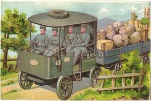 Military art postcard, soldiers in a truck (EK)
