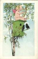 Angel baby with birds on a tree. M.M. Nr. 999. (fa)