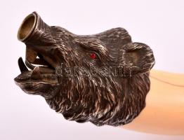 XIX. sz vége: Georg Adam Scheid: Vaddisznófejet mintázó vadász motívumos, ezüst-csont szivarvágó. Va...