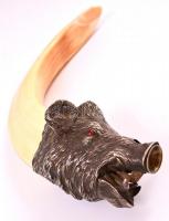 XIX. sz vége: Georg Adam Scheid: Vaddisznófejet mintázó vadász motívumos, ezüst-csont szivarvágó. Va...