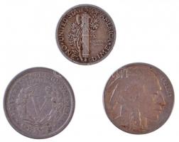 Amerikai Egyesült Államok 1911. 5c Cu-Ni + 1920S 5c Cu-Ni "Buffalo" + 1942D 10c Ag T:2,2-
...