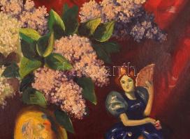 Mérey László (?-?):  Virágcselédet figurával. Olaj, vászon (lyukas), jelzett, 53×69 cm