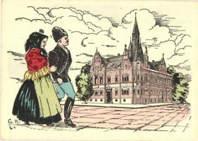 Karánsebes, Caransebes; Városháza. Kiadja a Délvidéki Egyetemi és Főiskolai Hallgatók Egyesülete / town hall, traditional costumes, irredenta art postcard s: Cs. B.