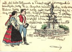 Arad, Vértanú szobor, a vidék népviselete. Kiadja a Délvidéki Egyetemi és Főiskolai Hallgatók Egyesülete / Martyrs statue, monument, traditional costumes, irredenta art postcard s: Tusnády (EB)