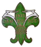 1933. Jamboree zöld-fehér zománcozott cserkész kitűző (36x32mm) T:2 tű hiányzik / Hungary 1933. Jamboree white-green enamelled Scouting pin (36x32mm) C:XF pin missing